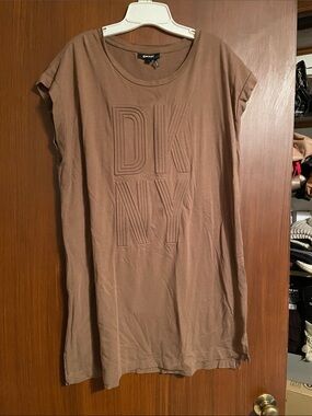 DKNY Taupe Brown Embroidered Logo Shift Dress